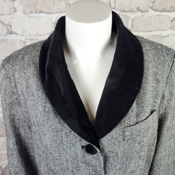 Vintage 80s Wool Preppy Tweed Blazer Velvet Trims Black White Academia Size 16 - Picture 3 of 15